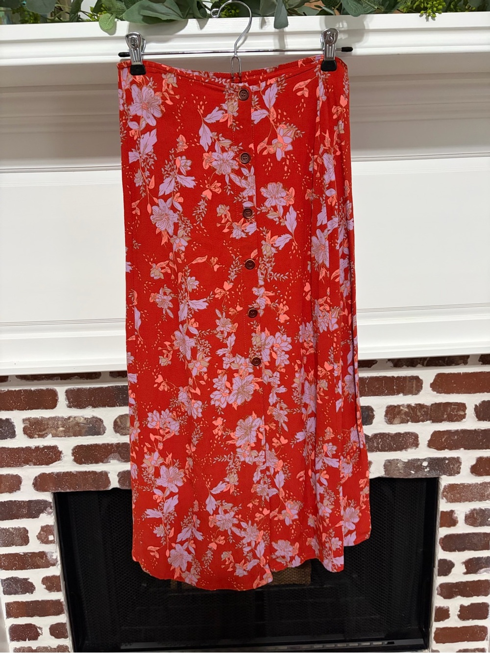 Free People Retro Love Red Floral Button Front Midi Skirt Slit
